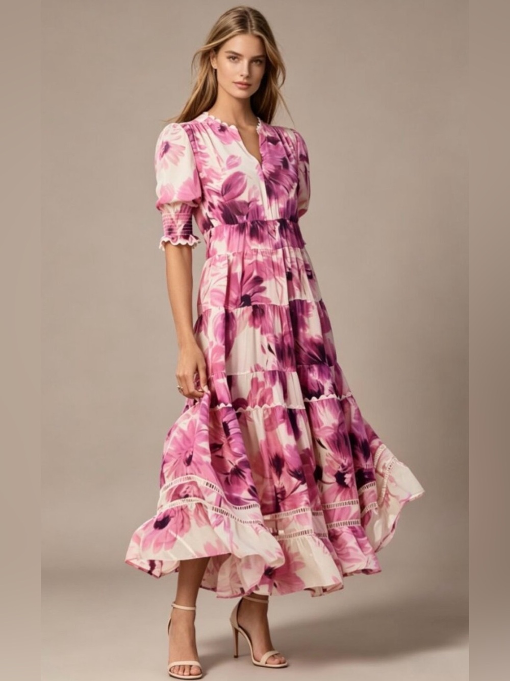 Jade by Johnny Was Pink Floral Tiered Maxi Dress, size XS